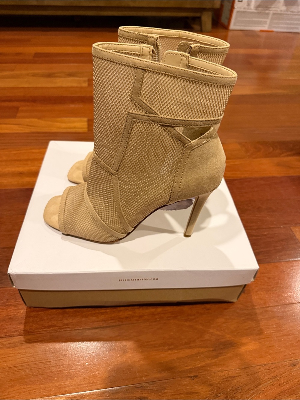 Jessica Simpson Tan Mesh Peep-Toe Stiletto Booties